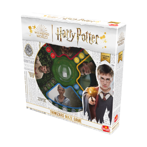 de doos van het strategische bordspel Harry Potter TriWizard Maze vanuit een rechterhoek