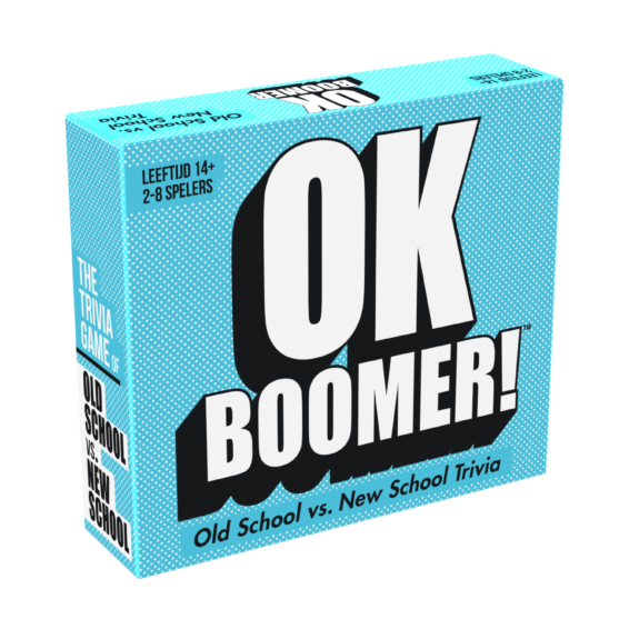 De doos van het trivia partyspel OK Boomer vanuit een linkerhoek