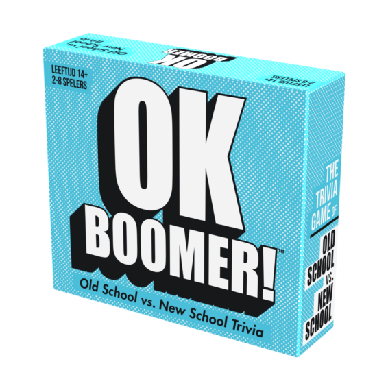 De doos van het trivia partyspel OK Boomer vanuit een rechterhoek