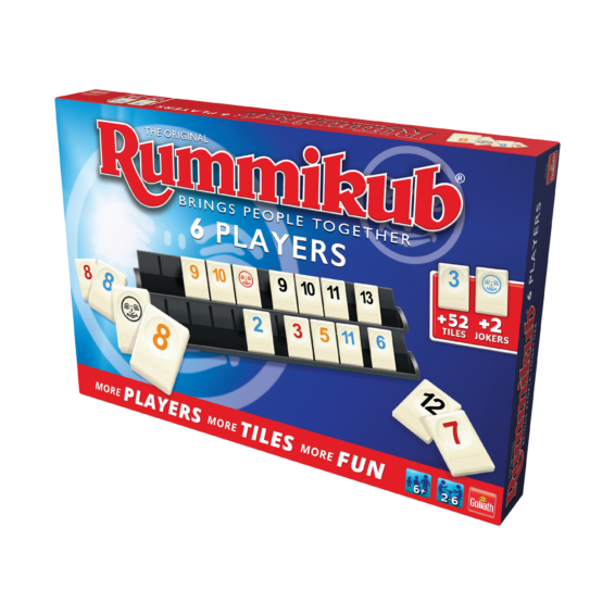 De doos van het strategische spel Rummikub 6 Spelers vanuit een rechterhoek