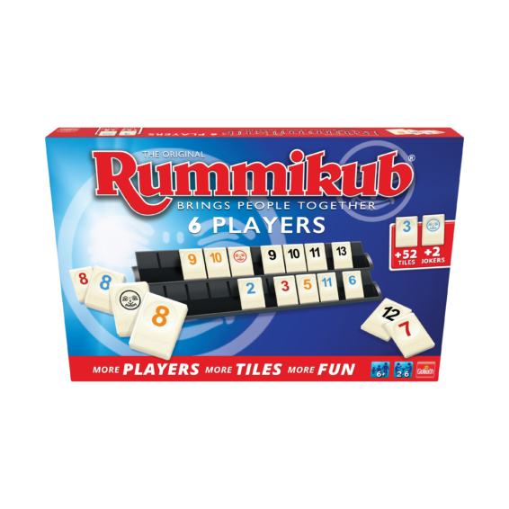 De voorkant van de doos van het strategische spel Rummikub 6 Spelers