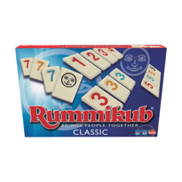 De voorkant van de doos van het strategische bordspel Rummikub Classic