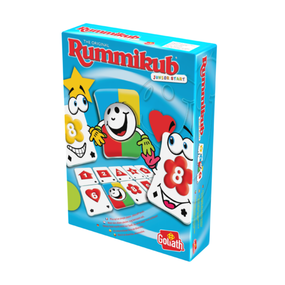 De doos van het leerzame kinderspel Rummikub Junior Travel vanuit een rechterhoek