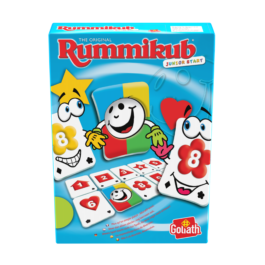 De voorkant van de doos van het leerzame kinderspel Rummikub Junior Travel