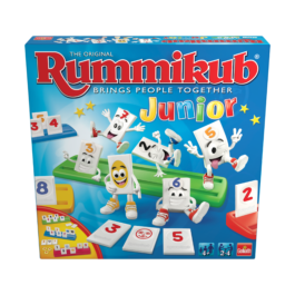 De voorkant van de doos van het kinderspel Rummikub Junior