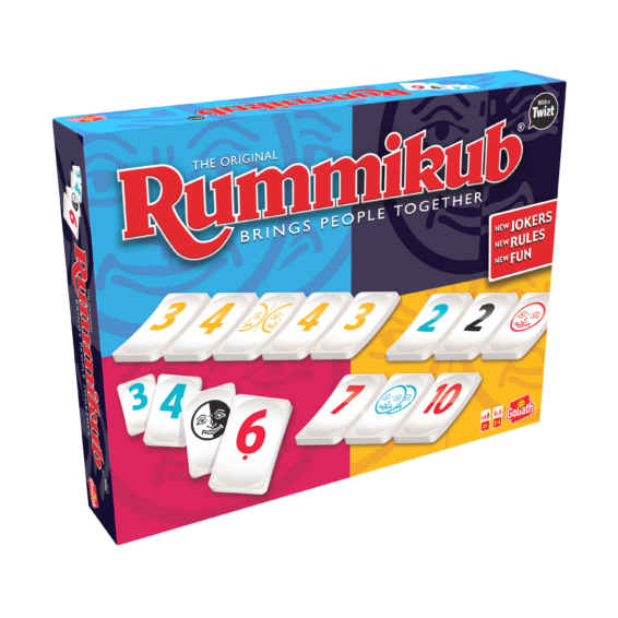 De doos van het strategische bordspel Rummikub Twist vanuit een linkerhoek