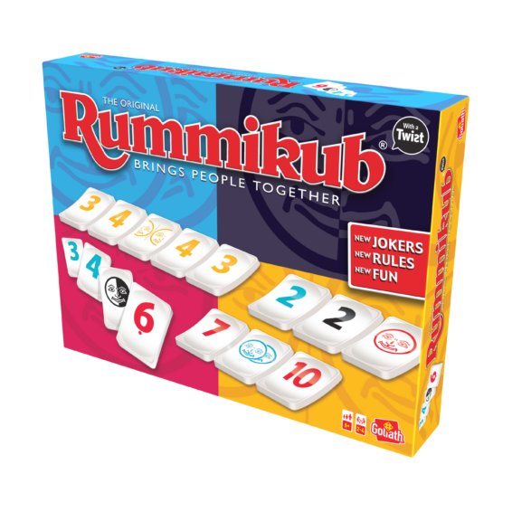 de doos van het strategische bordspel Rummikub Twist vanuit een rechterhoek