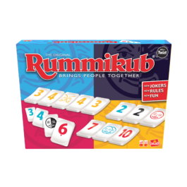 De voorkant van de doos van het strategische bordspel Rummikub Twist