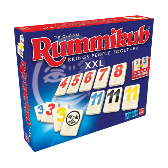 de doos van het strategische spel Rummikub XXL vanuit een linkerhoek