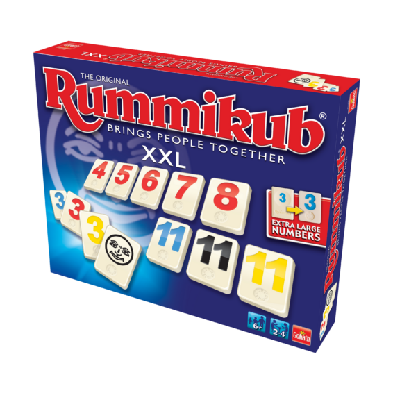 De doos van het strategische spel Rummikub XXL vanuit een rechterhoek