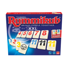 De voorkant van de doos van het bordspel Rummikub XXL