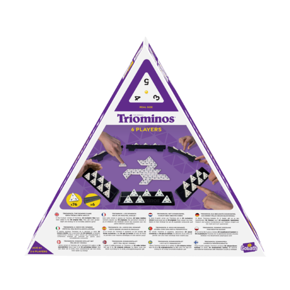 De achterkant van de doos van het familiespel Triominos 6 Spelers