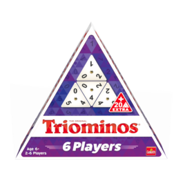 De voorkant van de doos van het strategische spel Triominos 6 Players