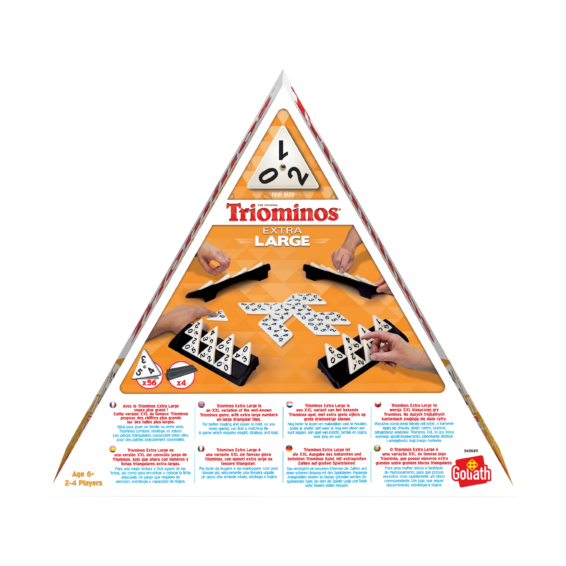 De achterkant van de doos van het strategische bordspel Triominos Extra Large