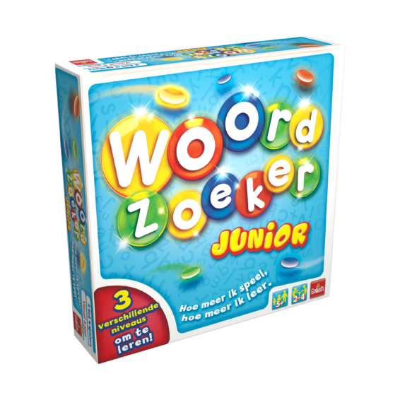 De doos van het kinderspel Woordzoeker Junior vanuit een linkerhoek