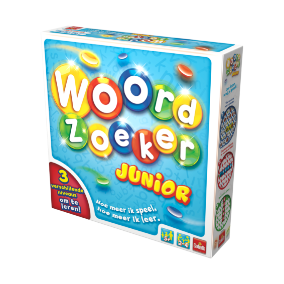 De doos van het kinderspel Woordzoeker Junior vanuit een rechterhoek