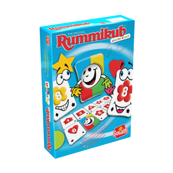 De doos van het leerzame kinderspel Rummikub Junior Travel vanuit een linkerhoek