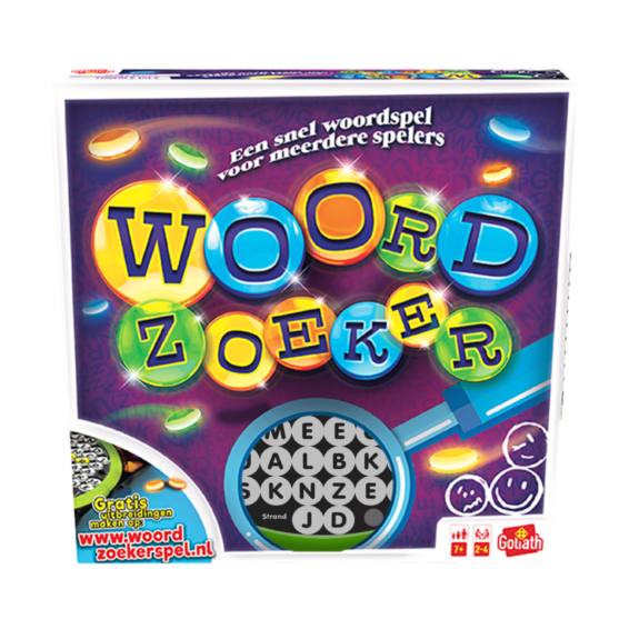 De voorkant van de doos van het educatieve bordspel Woordzoeker