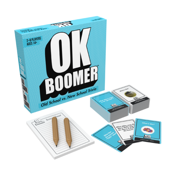 De doos met de inhoud van het trivia partyspel OK Boomer