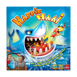 De voorkant van de doos van het kinderspel Happie Haai