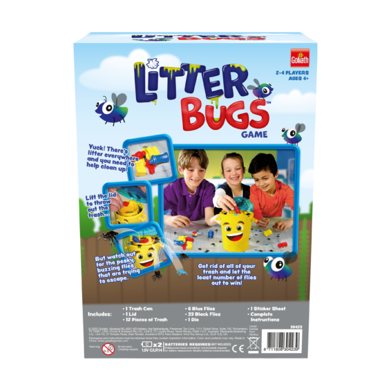 De achterkant van de doos van het kinderspel Litter Bugs