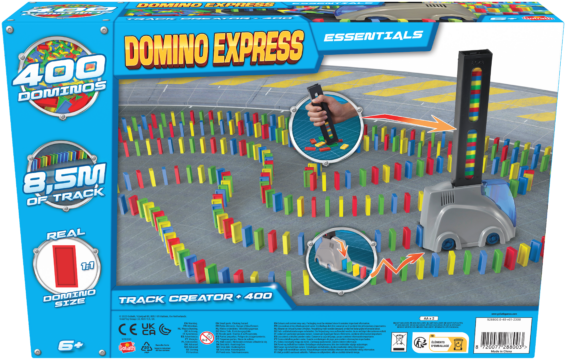 De achterkant van de doos van de Domino Express Track Creator + 400 Stenen