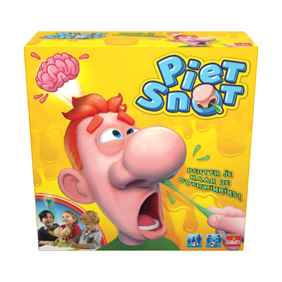 De voorkant van de doos van het grappige kinderspel Piet Snot