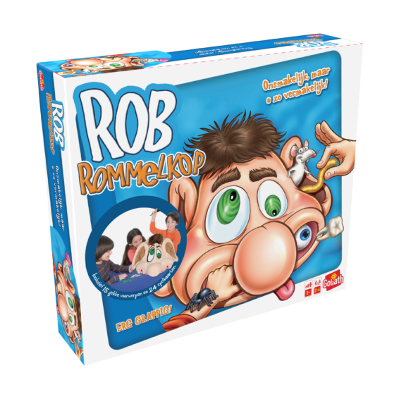 De doos van het grappige kinderspel Rob Rommelkop vanuit een linkerhoek