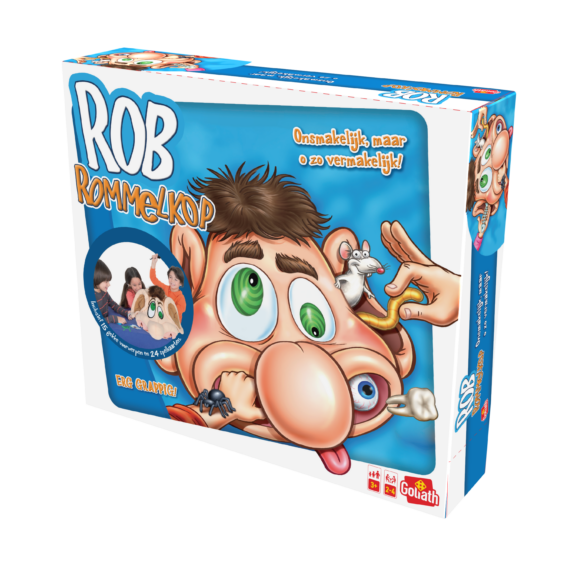 De doos van het grappige kinderspel Rob Rommelkop vanuit een rechterhoek