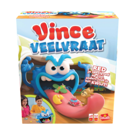 De voorkant van de doos van het kinderspel vol actie Vince Veelvraat