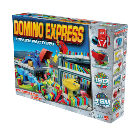 De doos van de Domino Express Crazy Factory vanuit een rechterhoek