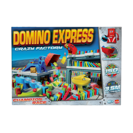 De voorkant van de doos van Domino Express Crazy Factory