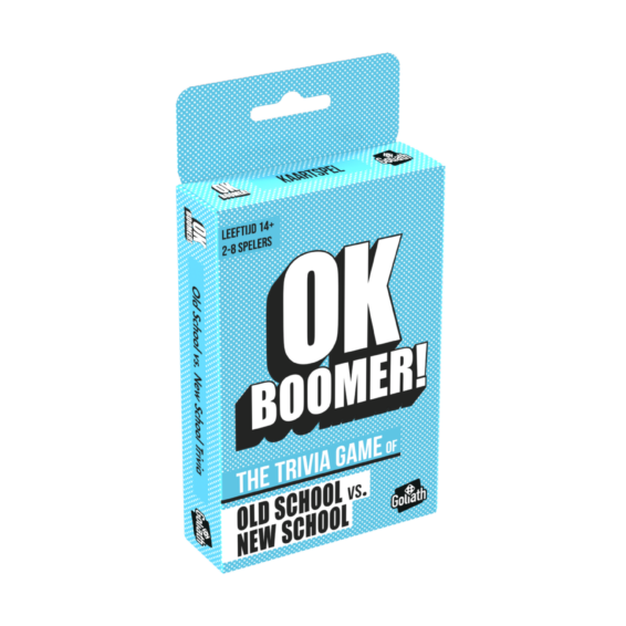 De doos van het partyspel OK Boomer Pocket Editie vanuit een linkerhoek