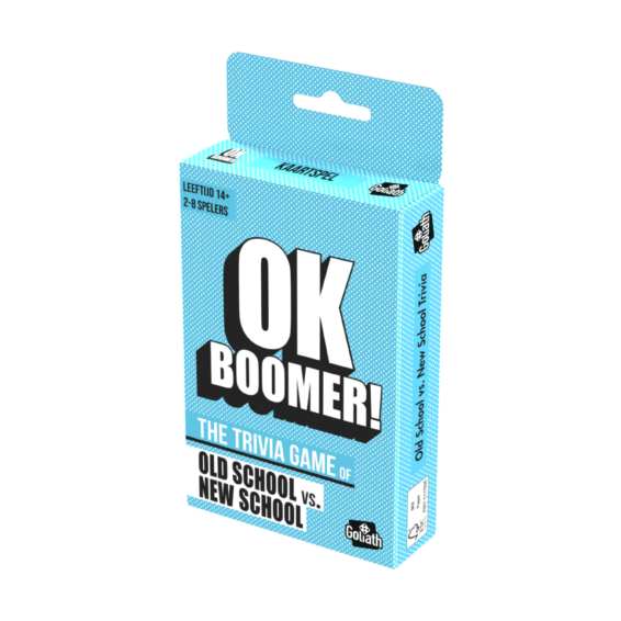 De doos van het partyspel OK Boomer Pocket Editie vanuit een rechterhoek