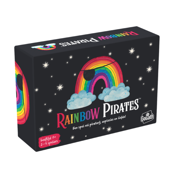 De doos van het strategische partyspel Rainbow Pirates vanuit een linkerhoek