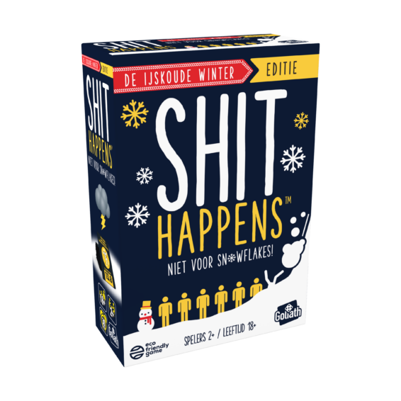 De doos van het hilarische partyspel Shit Happens De IJskoude Winter Editie vanuit een linkerhoek