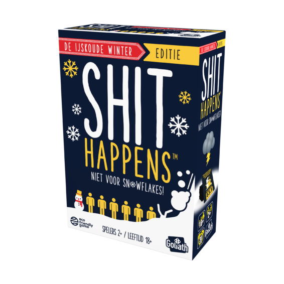 De doos van het hilarische partyspel Shit Happens De IJskoude Winter Editie vanuit een rechterhoek