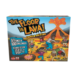 De voorkant van de doos van het actieve kinderspel De Vloer Is Lava Familie Editie