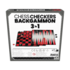 De achterkant van de doos van de klassieke spellen Chess, Checkers Backgammon