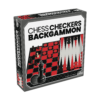 De doos van het 3 in 1 spel Chess, Checkers, Backgammon vanuit een rechterhoek