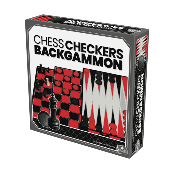 De doos van het 3 in 1 bordspel Chess, Checkers Backgammon vanuit een rechterhoek