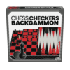 De voorkant van de doos van de klassieke spellen Chess, Checkers Backgammon