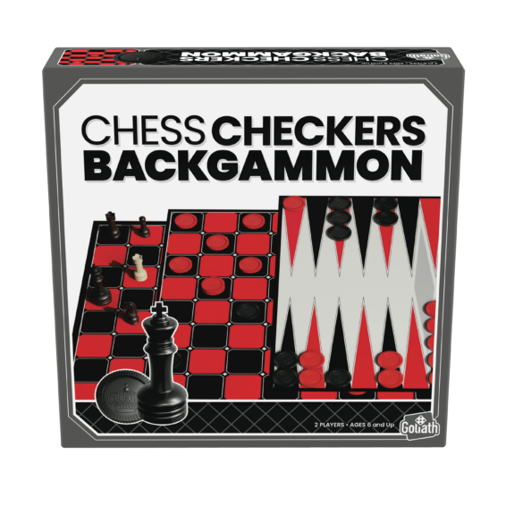 De voorkant van de doos van de klassieke spellen Chess, Checkers Backgammon