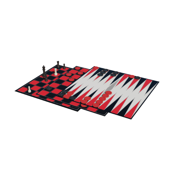 De inhoud van de doos van het bordspel Chess, Checkers, Backgammon