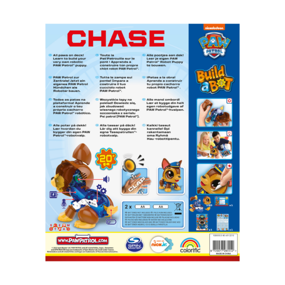 De achterkant van de doos van de speelgoedrobot Build a Bot Paw Patrol Chase