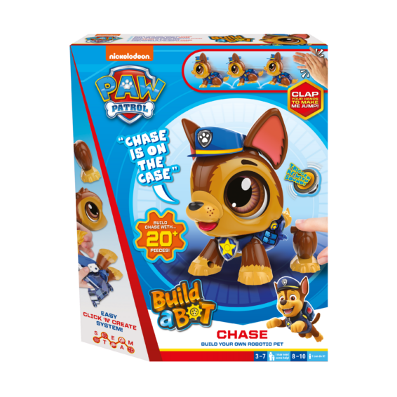 De voorkant van de doos van de speelgoedrobot Build a Bot Paw Patrol Chase