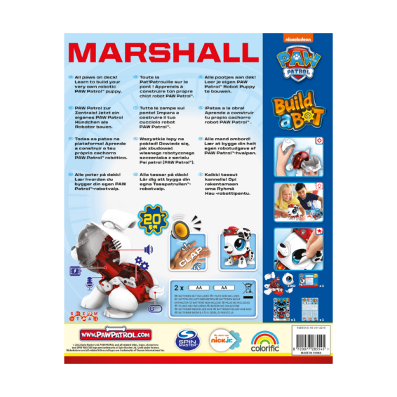 De achterkant van de doos van de speelgoedrobot Paw Patrol Marshall