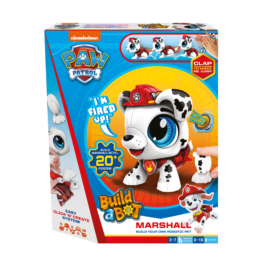 De voorkant van de doos van de speelgoedrobot Build a Bot Paw Patrol Marshall