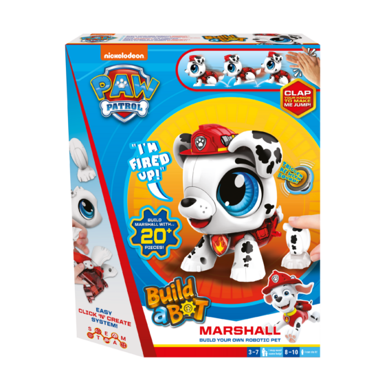 De voorkant van de doos van de speelgoedrobot Build a Bot Paw Patrol Marshall