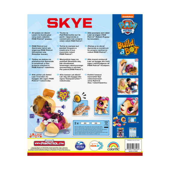 De achterkant van de doos van de speelgoedrobot Build a Bot Paw Patrol Skye